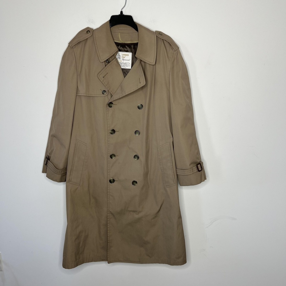 Vintage London Fog Trench Coat Mens 42 Regular Khaki Double Breasted Belted 70s